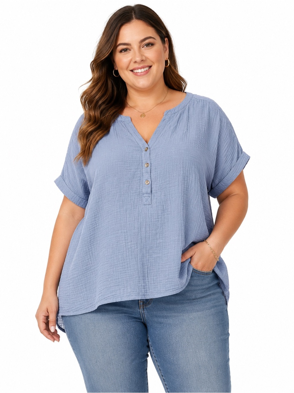 Como Vintage Dusty Blue Gauze Button Henley Tunic